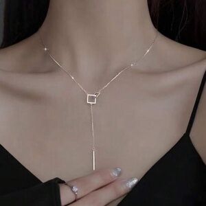 Silver Plated Stainless Steel Geometric Lariat Necklace Minimalist Drop Necklace